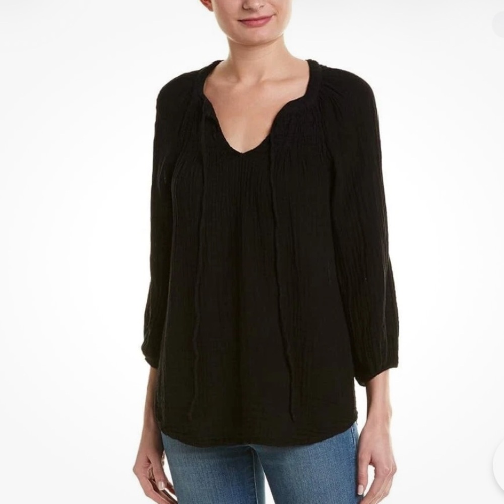 NWT Michael Stars Peasant Top With Smocking in Black Double Gauze Size Small